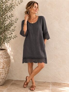 100% Linen | Made in Italy Midi Dress | Charcoal Gray | Lace Trim | Small